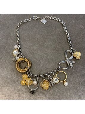 GOLD and silver tone charm necklace bow ring flower pearl